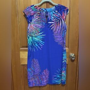 Maggg L Vibrant Blue Midi Dress with Leaf Patterns